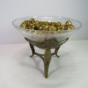 Crackle Glass & Brass Stand w Roses & Leaves Embossed Triangle Centerpiece